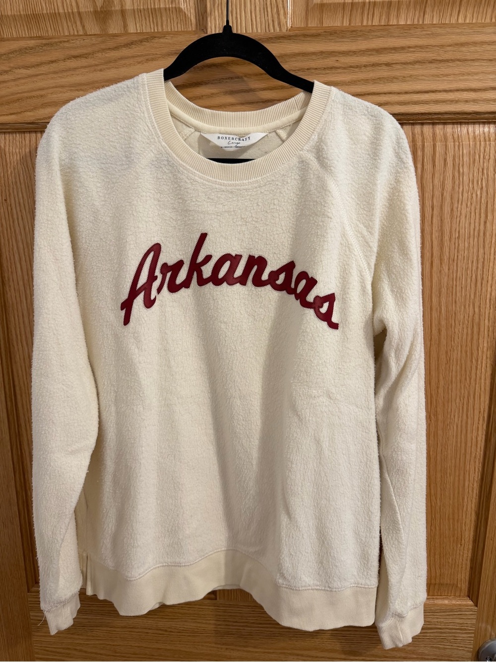 boxercraft Cream Crewneck Sweatshirt with Red Arkansas Script